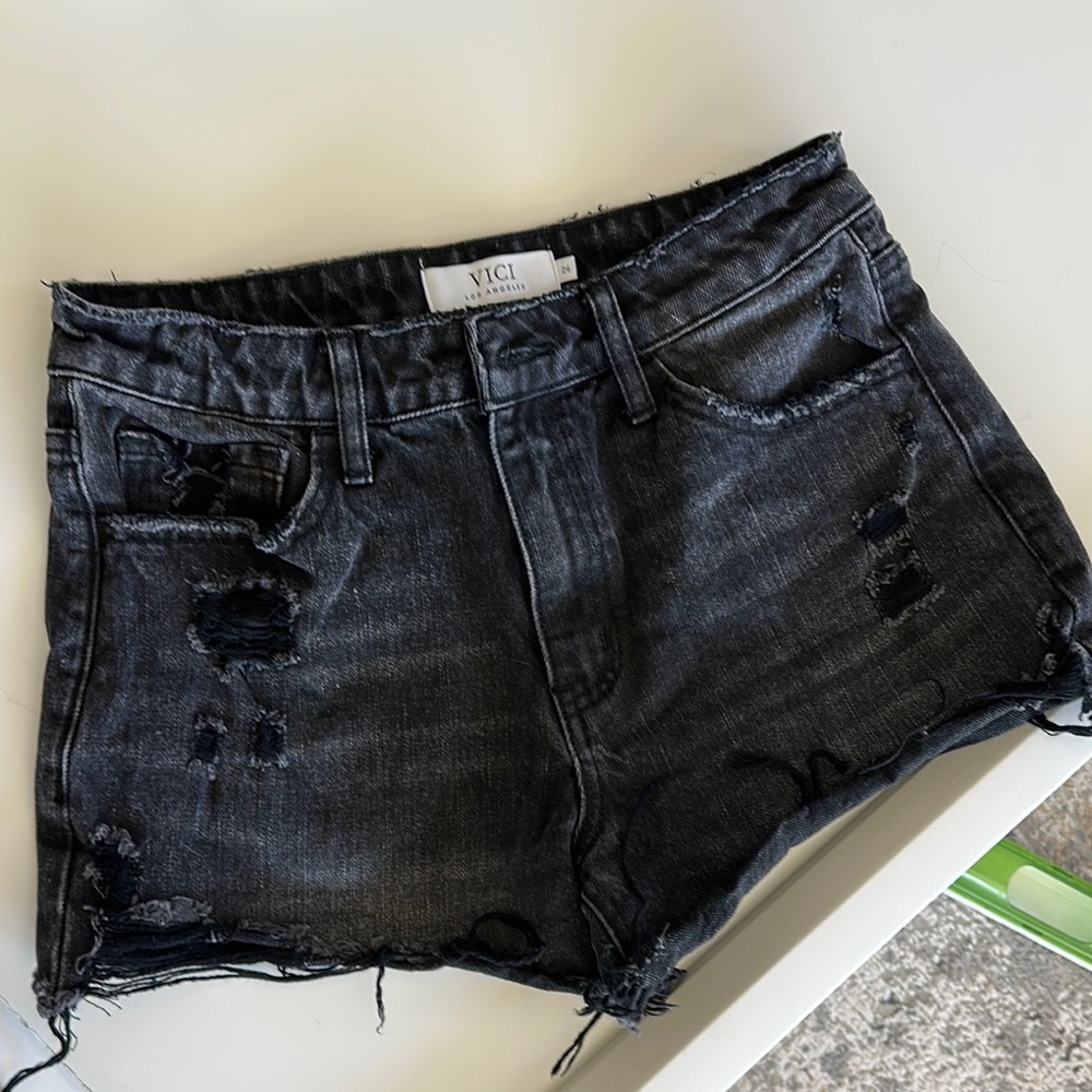 VICI Women's Distressed Black Denim Shorts